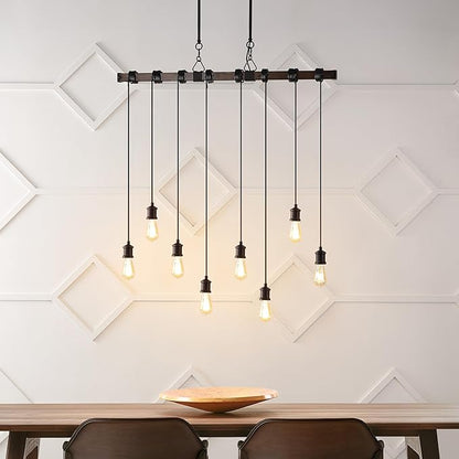 JONATHAN Y 40" Brown Wood Finish and Black 8-Light Iron Linear Chandelier, Vintage Industrial Driftwood Island Light for Dining Room Kitchen Table, LED Bulbs Included JYL1330A