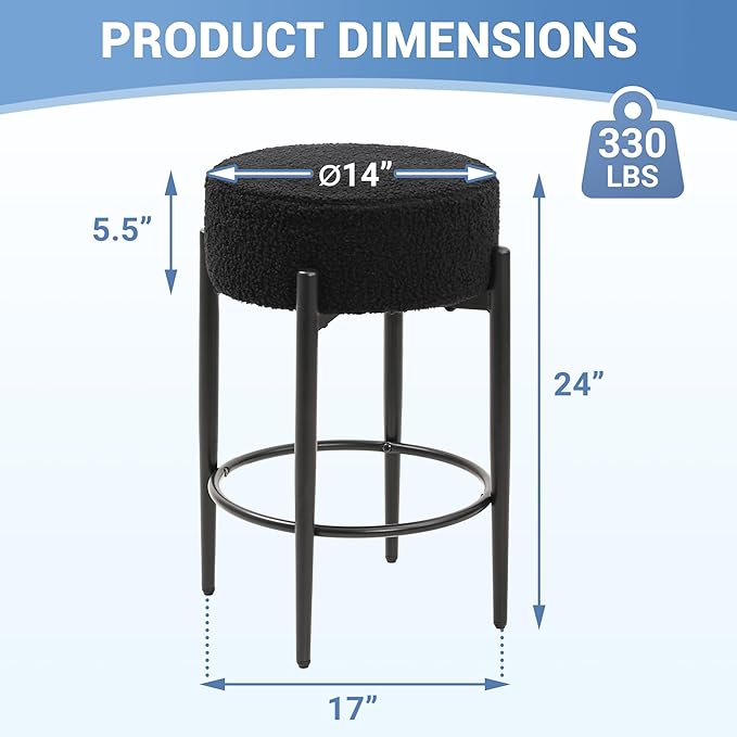 Murago Counter Height Bar Stools, Set of 2, 24" Modern Backless Bar Stools, Ideal for Kitchen Counter, Kitchen Island, Boucle Sherpa Padded Cover, with Round Soft Seat and Foot Rest, Black
