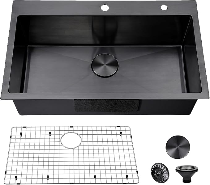 30 inch Drop in Black Kitchen Sink, Single Bowl Stainless Steel Handmade Topmount Kitchen Sinks with Dish Grid and Drain