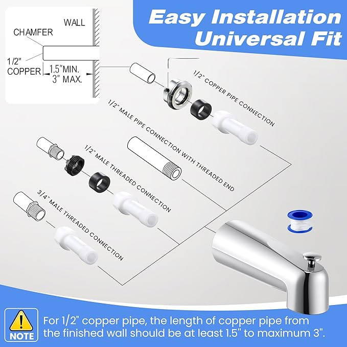 Dreyoo 7 Inch Tub Spout (Universal Fits 1/2" Copper Pipe, 1/2" IPS and 3/4" IPS), Bathroom Bathtub Faucet with Adapters and Hex Wrench (Chrome,with Diverter)