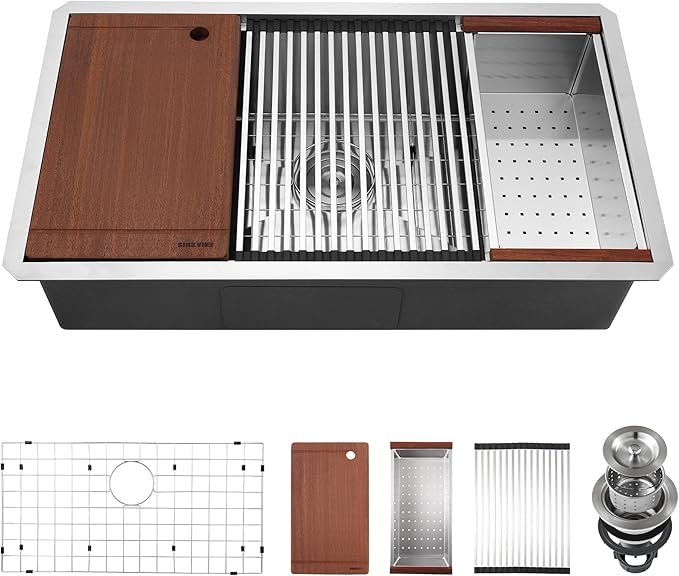 33-inch Undermount Kitchen Sink Workstation, SINKVINE 33x19 Large Outdoor Prep Sink BBQ, Stainless Steel Single Bowl w/Sapele-Wood Cutting Board, SST Colander w/Wood Handle, and Roll-up Dish Drying