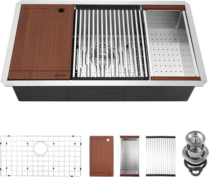 33-inch Undermount Kitchen Sink Workstation, SINKVINE 33x19 Large Outdoor Prep Sink BBQ, Stainless Steel Single Bowl w/Sapele-Wood Cutting Board, SST Colander w/Wood Handle, and Roll-up Dish Drying