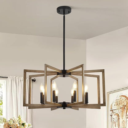 Klgxnrd 8-Light Modern Farmhouse Chandelier, Vintage Geometric Dining Room Lighting Hanging, Industrial Chandelier for Kitchen Island Entryway Foyer Stairway, Retro Wood Texture and Black Finish