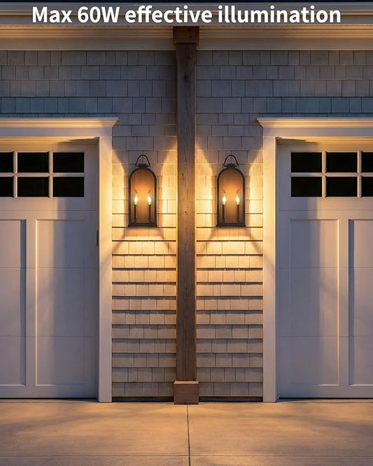 Outdoor Wall Light Fixtures, 2-Light Porch Lights Outdoor, Matte Black Exterior Waterproof Wall Sconce with Glass Shade, Outside Lantern for House Doorway Patio Entryway, E12 Socket, 2 Pack