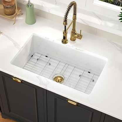 White Undermount Kitchen Sink 30 Inch Porcelain White Kitchen Sink 30"x18"x10" Dual Mount Single Bowl Ceramic Kitchen Sinks - Gold Drain Set