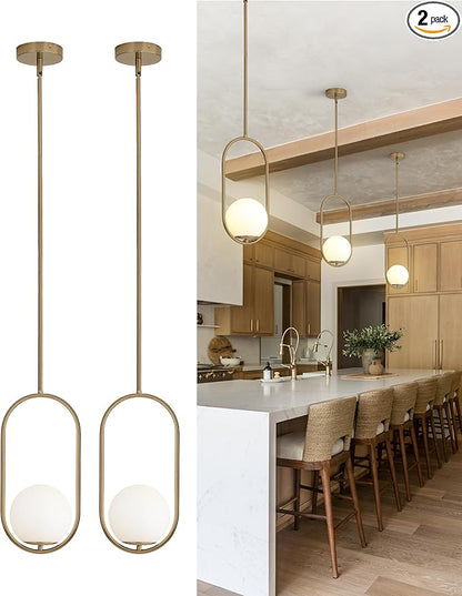 Yunnix Pendant Lights Kitchen Island, Pendant Light Fixtures, 2 Pack Modern Champagne Bronze Globe Glass Pendant Lighting, Mid Century Chandelier One Light for Bathroom Bedroom Dining Room