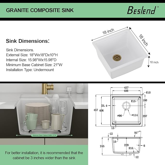 18 Inch White Undermount Sink - Beslend 18x18 White Kitchen Sink Granite Composite Bar Sink Undermount Square Sinks With Cover Small Prep Bar Workstation Sink Single Bowl Under Counter