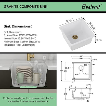 18 Inch White Undermount Sink - Beslend 18x18 White Kitchen Sink Granite Composite Bar Sink Undermount Square Sinks With Cover Small Prep Bar Workstation Sink Single Bowl Under Counter