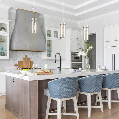 Glass Brushed Nickel Pendant Light, Modern Kitchen Island Pendant Lighting with Ribbed Glass, Adjustable Cord Single Pendant Light for Over Island, Dining Room, Bathroom Bedroom
