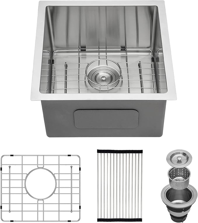 Lordear Undermount Bar Sink 17 Inch Deep Single Bowl 16 Gauge Stainless Steel Under Counter Square Kitchen Bar Prep RV Camper Outdoor Handmade Sink Basin