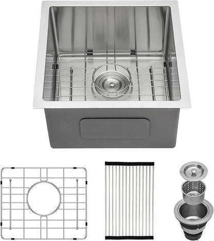 Lordear Undermount Bar Sink 17 Inch Deep Single Bowl 16 Gauge Stainless Steel Under Counter Square Kitchen Bar Prep RV Camper Outdoor Handmade Sink Basin