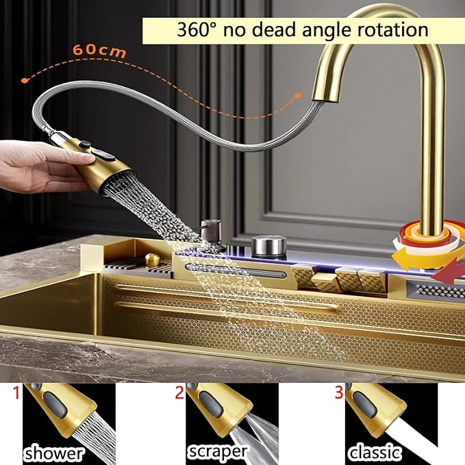 Sinks Countertop or Embedded Single Bowl Stainless Steel Kitchen Sink with Drain basket, cutting board, vegetable sink, multi-function pull-out faucet set (Gold, 29.5x18x9 In)