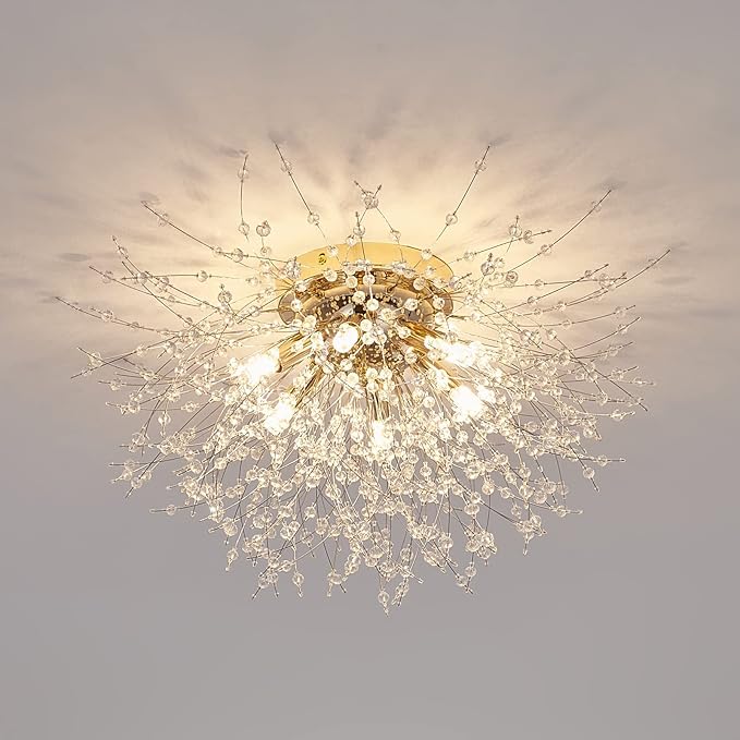 CM MZY 6-Light Sputnik Flush Mount Ceiling Light Fixture, Modern Gold Crystal Firework Ceiling Lights, Close to Ceiling Lamp for Bedroom Kitchen Hallway Entryway Bathroom