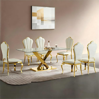 Modern 70" Gold Glass Dining Table for 6-8,Luxury Rectangular Kitchen Table with Clear Glass Desktop and Golden Mirrored Stainless Steel Legs,Large Kitchen Table for Dining Room Office(Only Table)