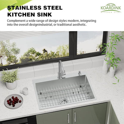 30x22 Inch Stainless Steel Kitchen Sink - Drop In Single Bowl Topmount Modern Large Kitchen Sink With SS Grid, Colander,Drain Strainer Set Compatibility With Various Kitchen&Bar Style