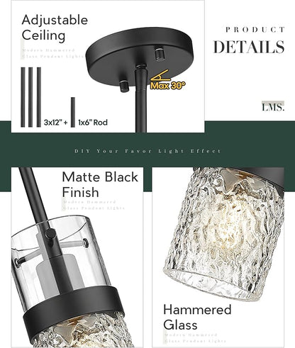 LMS Glass Pendant Lights Kitchen Island, 1-Light Modern Black Pendant Light with Hammered Glass and Rods, Mini Hanging Lighting for Kitchen Island Sink Bathroom Bedroom, LMS-172