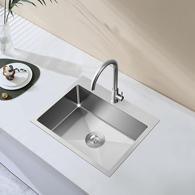 23 Inch Brushed Drop in Kitchen Sink-TSIBOMU 18 Gauge Satinless Steel Topmount Single Bowl Single Hole Kitchen Sink, 9 inch Deep Bowl Basin Sink, D23"xW18"xH9"