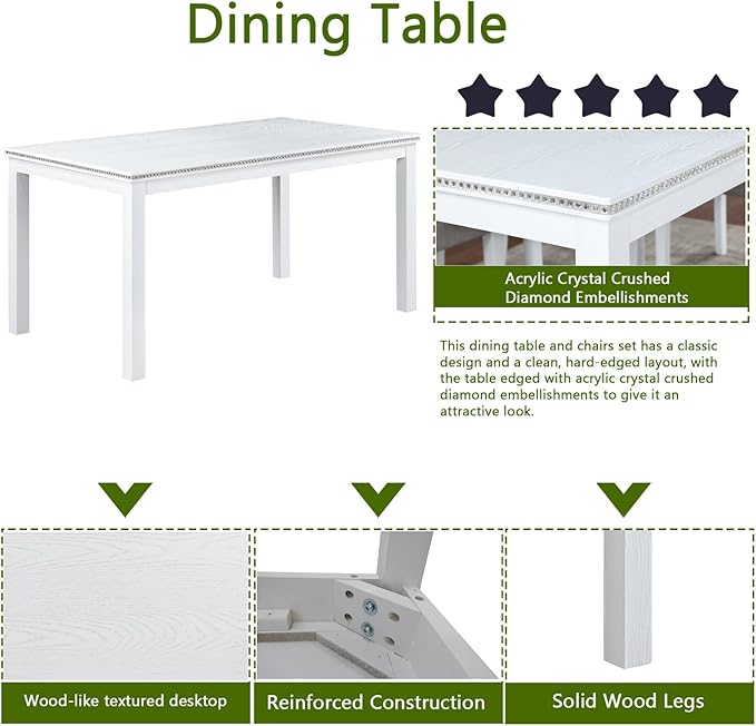 6 Piece Dining Table Set for 6, Rectangular Wooden Table with 4 Upholstered Chairs and 1 Bench, Elegant White Dining Room Set with Crystal Decoration
