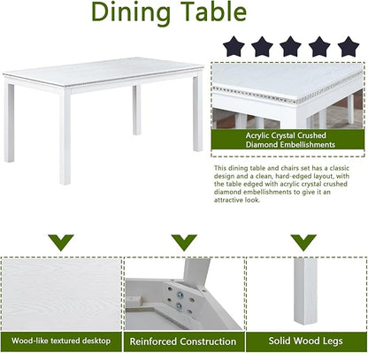 6 Piece Dining Table Set for 6, Rectangular Wooden Table with 4 Upholstered Chairs and 1 Bench, Elegant White Dining Room Set with Crystal Decoration