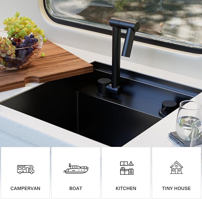 TORVA RV Kitchen Sink, 16 x 17 x 9 Inch Undermount Bar Sink 16 Gauge Stainless Steel Single Bowl Workstation Sink with Faucet Cutting Board, Dark Grey