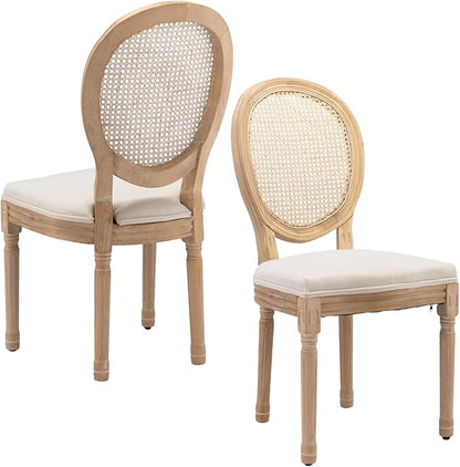 Linen Wooden Dining Chair Set of 2, Upholstered Farmhouse Dining Chair with Solid Wood Frame, Kitchen & Dining Room Chairs for Living Room, Restaurant, Bedroom (Beige-Rattan, Set of 2)