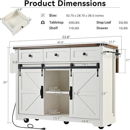 53.7" Farmhouse Kitchen Island with Power Outlet,2 Sliding Barn Door Storage w/Drop Leaf and Spice Rack Rolling Carts on Wheels & Metal Handle,for Home,Dining Room,White