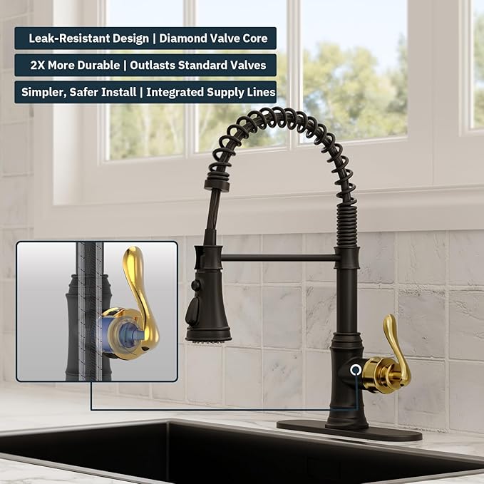 BWE Black and Gold Kitchen Faucet with Pull Down Sprayer Single Handle High Arc Spring Commercial 3 Functions Kitchen Sink Faucet Solid Brass with 10" Deck Plate for Sink 1 or 3 Holes