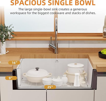 Quartz Kitchen Sink, 27 Inch White Undermount Kitchen Sinks, Deep Single Bowl Granite Composite Sink, Modern Sinks Providing Complete Accessories, Spacious Workspace and Easy Cleaning