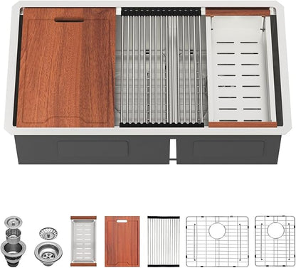 Lordear 33 Inch Stainless Steel Double Bowl Kitchen Sinks16 Gauge T304 Undermount Kitchen Sinks Workstation Sink 60/40 Low Divide Handmade Kitchen Sink 33" x19" x10"