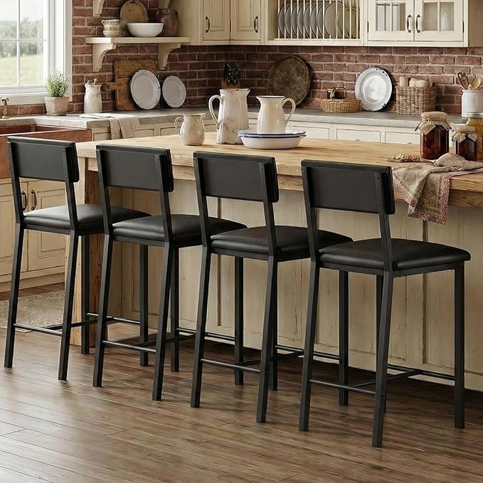 GarveeHome Bar Stools Set of 4 w/Soft Back and Upholstered Seat, 24.8 Inches Counter Height Barstools with Footrest & Thickened Metal Legs, for Kitchen Island, Bar, Black