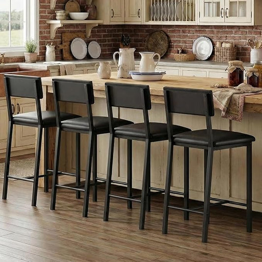 GarveeHome Bar Stools Set of 4 w/Soft Back and Upholstered Seat, 24.8 Inches Counter Height Barstools with Footrest & Thickened Metal Legs, for Kitchen Island, Bar, Black