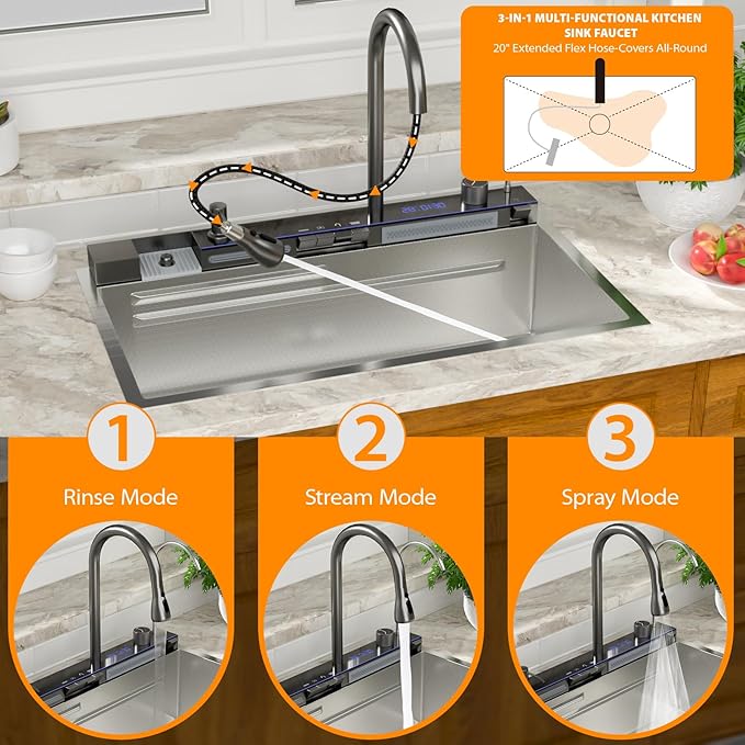 Mocoloo 33 Inch Honeycomb Waterfall Kitchen Sink Drop in, 33x19 Inch Stainless Steel Workstation Sink 16 Gauge Topmount Single Bowl Sink with Complete Kit