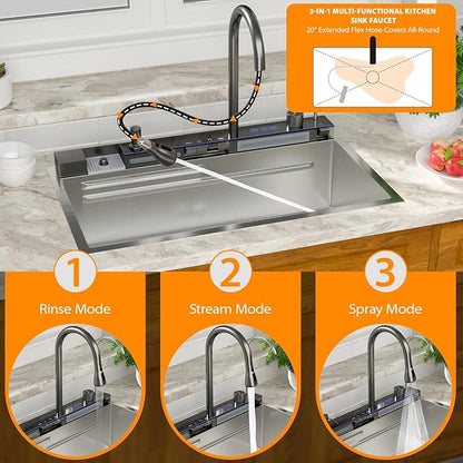 Mocoloo 33 Inch Honeycomb Waterfall Kitchen Sink Drop in, 33x19 Inch Stainless Steel Workstation Sink 16 Gauge Topmount Single Bowl Sink with Complete Kit