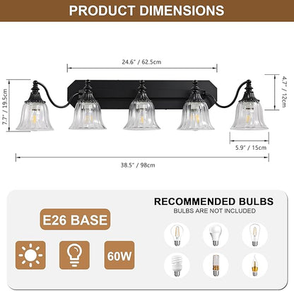 Black Vintage Bathroom Vanity Light Fixture, 5-Light Vanity Light for Bathroom, Antique Matte Black Finish with Crystal Glass Shade, Lighting Fixtures Over Mirror for Bedroom Living Room