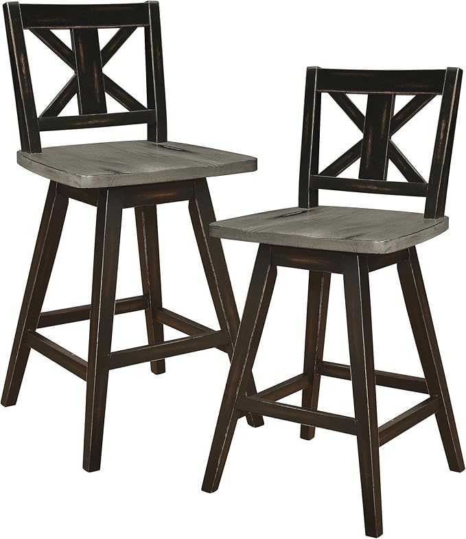 Lexicon Counter Height Stools Set of 2-Solid Wood Frame 360° Swivel Wooden Stools, Foot Rest, X Back, Wide Seat, Distressed Farmhouse Easy to Clean Finish, 24" SH, Antique Black/Grey