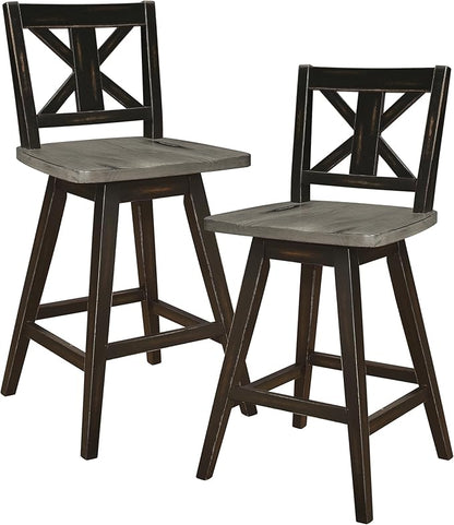 Lexicon Counter Height Stools Set of 2-Solid Wood Frame 360° Swivel Wooden Stools, Foot Rest, X Back, Wide Seat, Distressed Farmhouse Easy to Clean Finish, 24" SH, Antique Black/Grey