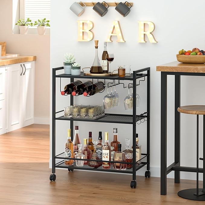 Joaxswe Bar Cart, Home Bar Serving Cart with 3-Tier Shelf,Microwave Cart with Lockable Wheels,Mobile Kitchen Shelf,Rolling Beverage Cart with Wine Rack and Glass Holder for Kitchen,Dinning Room,Black