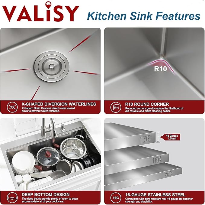 33x22 Drop in Kitchen Sink, SUS304 Stainless Steel Top Mount Workstation Sink, 16 Gauge Brushed Nickel Single Bowl Kitchen Sinks with Accessories for Kitchen Laundry Utility