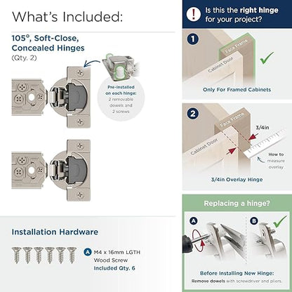 Amerock 2 Pack 3/4 inch Overlay Soft-Closing Compact Concealed Hinge for Face Frame Cabinet, 105-degree Opening Angle with 3-Way adjustability