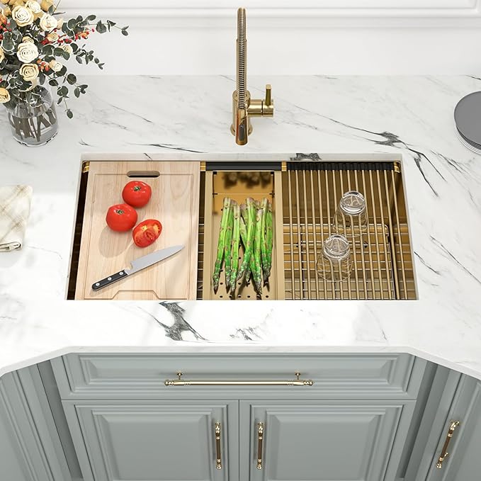 30 Inch Gold Undermount Kitchen Sink - Kichae 30 x 18 Stainless Steel Undermount Sink Ledge Workstation 16 Gauge Single Bowl Round Corner Handmade Deep Bowl with Cutting Board