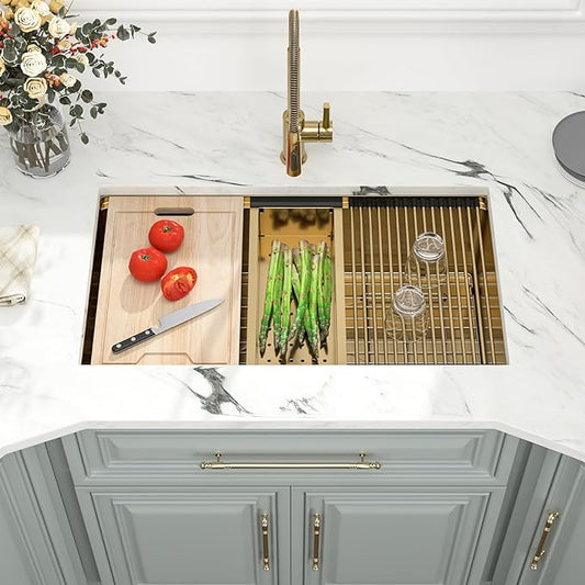 33 Gold Kitchen Sink - Kichae 33"x19" Gold Undermount Kitchen Sink Stainless Steel 16 Gauge Ledge Workstation Single Bowl Deep Round Corner Handmade Basin For Luxury Kitchens
