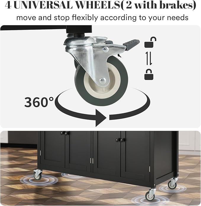 Rovibek Rolling Kitchen Island on Wheels Large Portable Mobile Moveable Islands Wood with Storage Drawers Cabinet Spice Rack Towel Rack for Kitchen Dining Room Jet Black