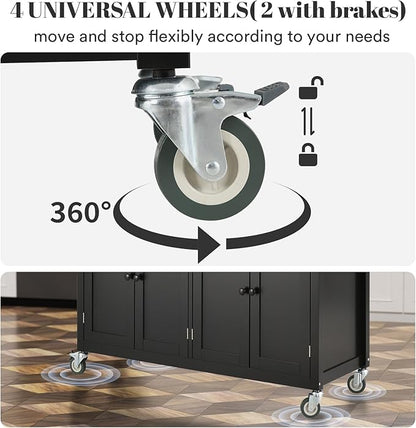 Rovibek Rolling Kitchen Island on Wheels Large Portable Mobile Moveable Islands Wood with Storage Drawers Cabinet Spice Rack Towel Rack for Kitchen Dining Room Jet Black