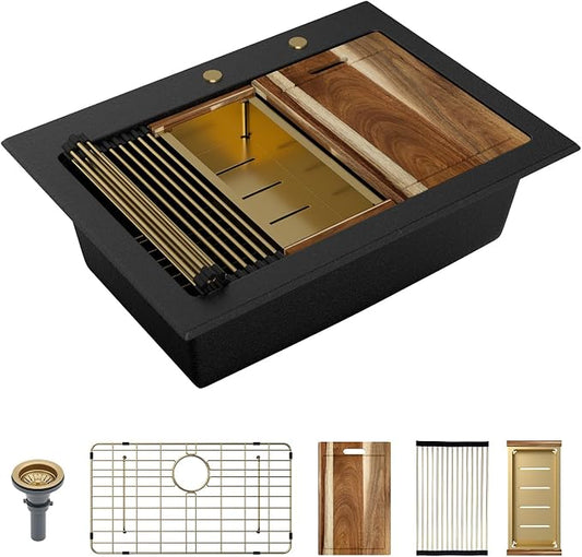 Sarlai 30 Granite Composite Black Kitchen Sink - 30"x22" Drop In Kitchen Sink Ledge Workstation Black Granite Quartz Composite Top-Mount Single Bowl Sinks Basin with Gold Accessories
