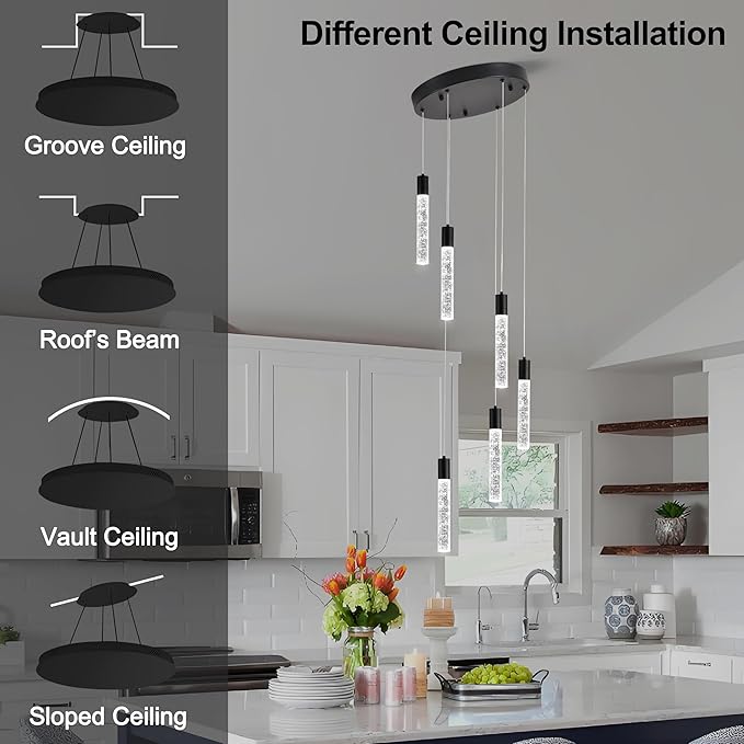6 Light Pendant Lights Kitchen Island,Modern LED Bubble Crystal Pendants with Dimmable 3000K-6000K Ceiling Hanging Light Fixture for Dining Room Bedroom,Matte Black Finish,Adjustable Height 78"
