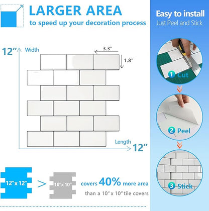 STICKGOO 10-Sheet White Subway Tiles Peel and Stick Backsplash, Stick on Tiles Kitchen Backsplash (Thicker Design)