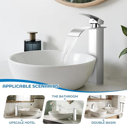 Chrome Bathroom Faucets, Tall Waterfall Bathroom Sink Faucet Modern Single Handle Bathroom Faucte 1 Hole, Tall Spout Vessel Faucet Mixer Tap Washbasin Faucet with Pop-up Drain, Supply Hoses
