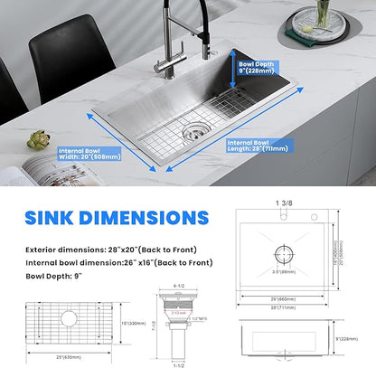 POPFLY 28×20 Inch Drop in Kitchen Sink, 18 Gauge Stainless Steel Single Bowl Large Sink, Top mount 9 Inches Deep Kitchen Sinks with 2 Holes, Brushed