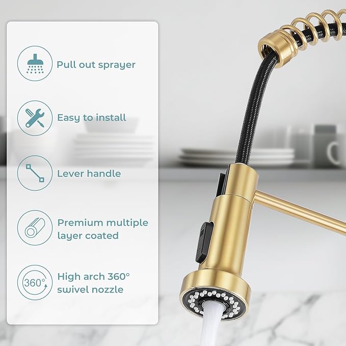 Kitchen Sink Faucet with Soap Dispenser,Commercial Single Handle Kitchen Faucets with Deck Plate (Brush Gold)