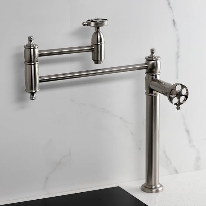 Kingston Brass KS3708RKZ Wendell Two-Handle 1-Hole Deck Mount Pot Filler Faucet with Knurled Handle in Brushed Nickel